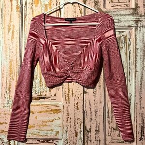 Cotton Candy LA Maroon & Light Pink Ribbed Twist-Front Long Sleeve Crop Top